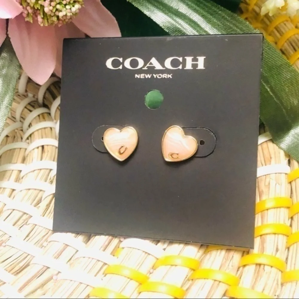 Coach Gold Heart Logo Stud Earrings Pink Enamel Heart NWT - Picture 4 of 8